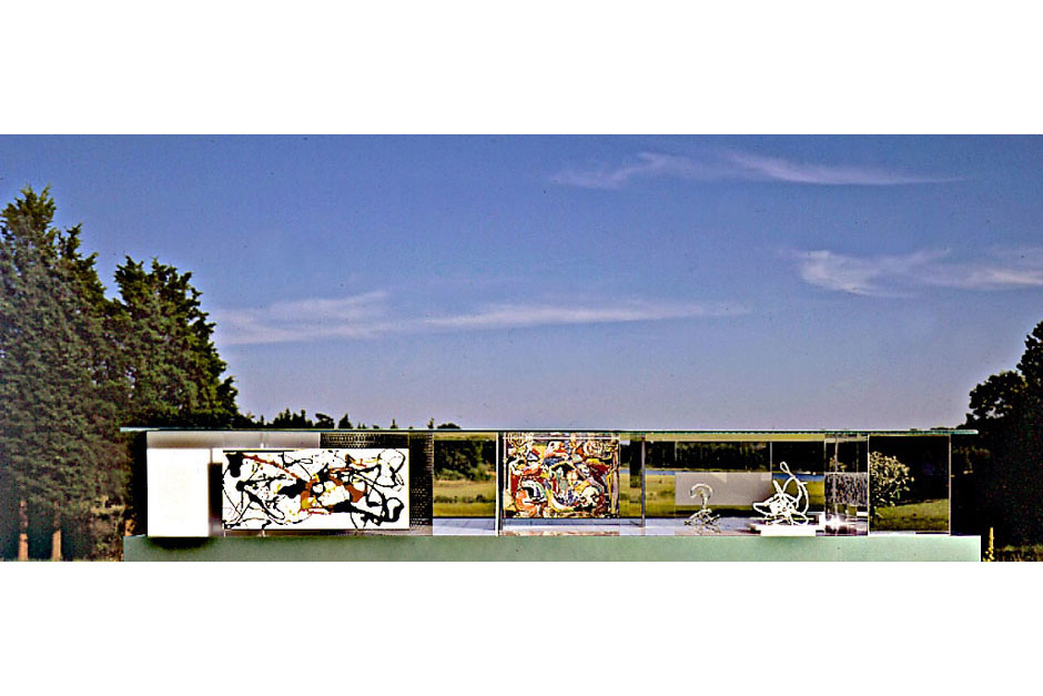 The reconstructed "ideal museum" model, designed by Peter Blake and constructed by Patrick Bodden, displayed in the landscape behind the Pollock-Krasner House, where Blake envisioned the building. On the left is a reproduction of Pollock's small vertical canvas, Number 24, 1949 (private collection), turned horizontally. At the center is The Key, 1946 (Art Institute of Chicago), with two replicas of Pollock's plaster-dipped wire sculptures on the right.