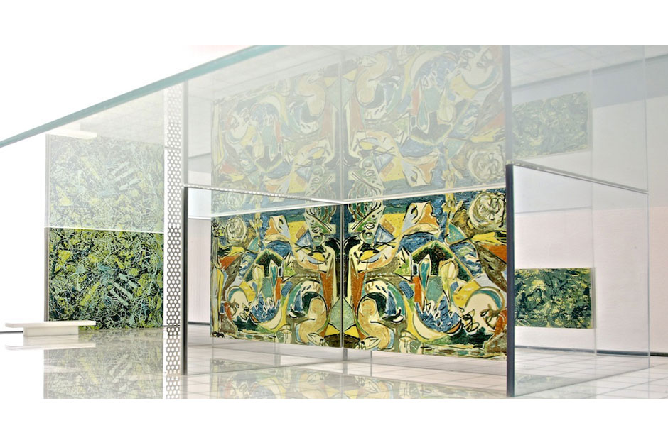 A reproduction of Pollock's 1946 painting, The Key (Art Institute of Chicago) is reflected in a mirrored wall. On the right, a corner of Number 10, 1949 (Museum of Fine Arts, Boston) is visible. On the left is Number 17A, 1948 (private collection). The 1994-95 model also features reproductions of the three wire and plaster sculptures that Pollock made especially for Blake's original 1949 model.