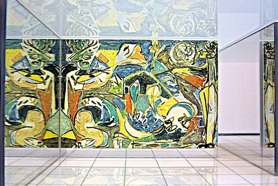 At the center of Peter Blake's "ideal museum" model, a reproduction of Jackson Pollock's 1946 painting, The Key (Art Institute of Chicago) is reflected in mirrored walls.